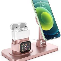 3 in 1 Charging Station, 180°Rotation Phone Charger Stand Holder for iPhone 12 Series, iWatch and Airpods(Rose Gold)