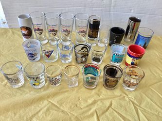 24 Vtg. Souvenir Shot Glasses Terminator2 Movie, Kennedy Space Ctr. Hollywood Movies, Queen Mary, Route 66 etc. Barware