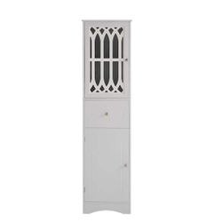 White MDF Freestanding Linen Cabinet With Acrylic Door, Adjustable Shelf in White