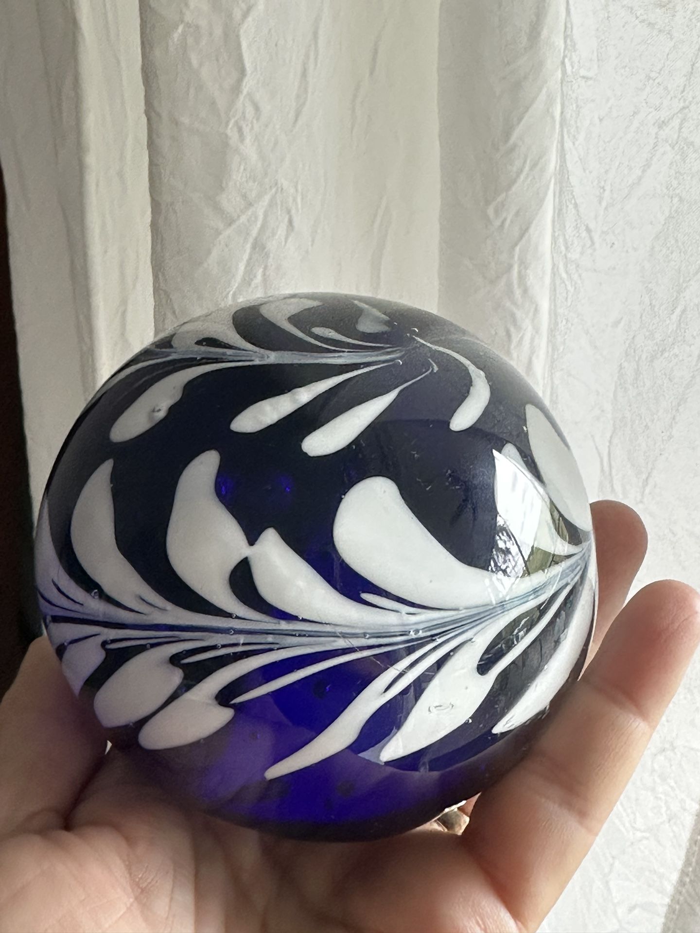 Art Glass Large Cobalt Blue with White Flower Splash Design Round Paperweight.
