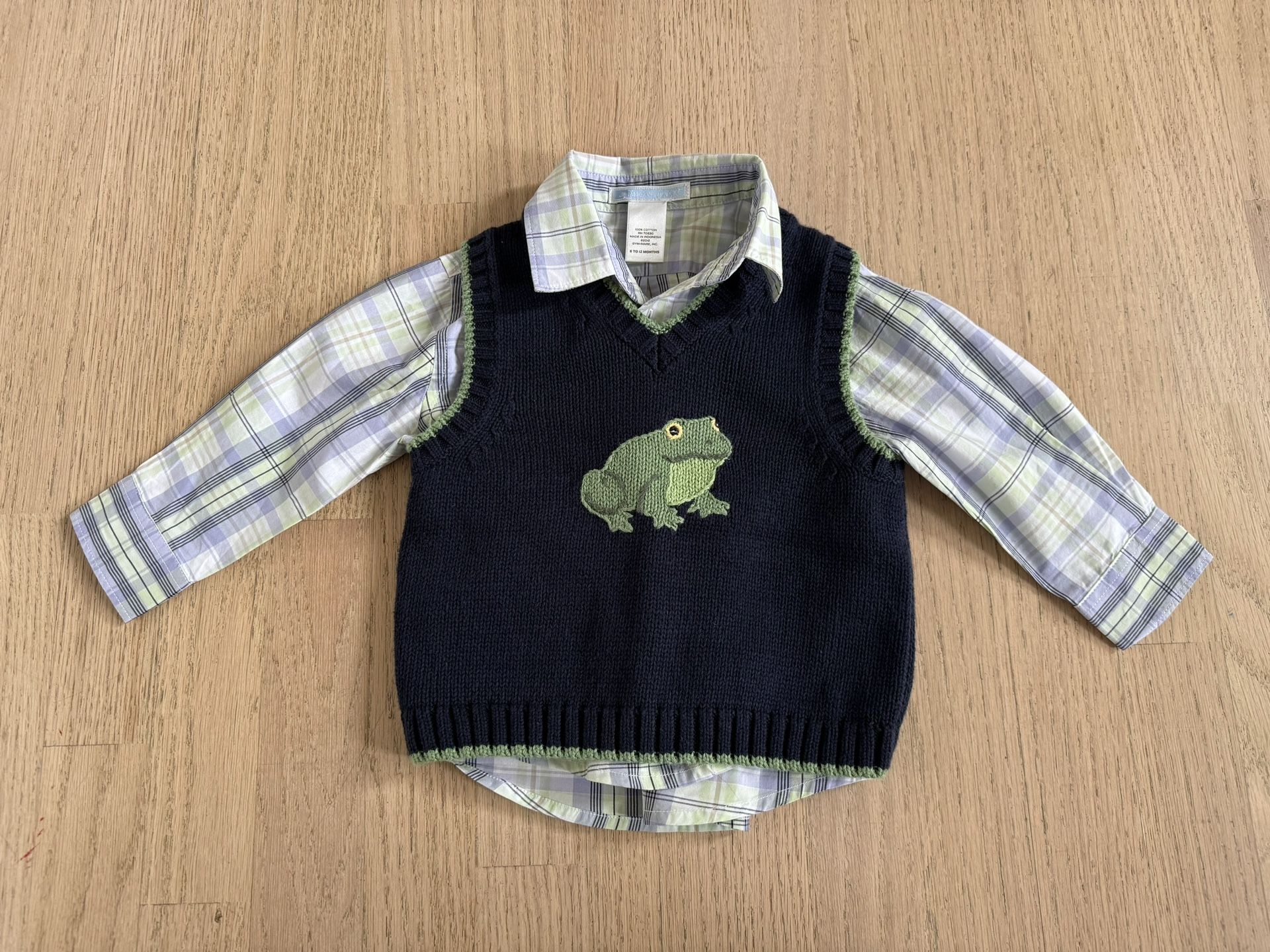Janie and Jack 6 12 Months Boy Sweater Vest and Dress Shirt Blue Green Frog