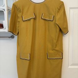 Vintage Mustard Yellow Shift Dress – Short Sleeves, Contrast Trim, Retro Mod Style – Second-Hand, Excellent Condition