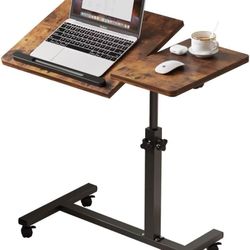 Overbed Table，Bedside Table，Adjustable Height＆Protable Standing Rolling Desk，Brown