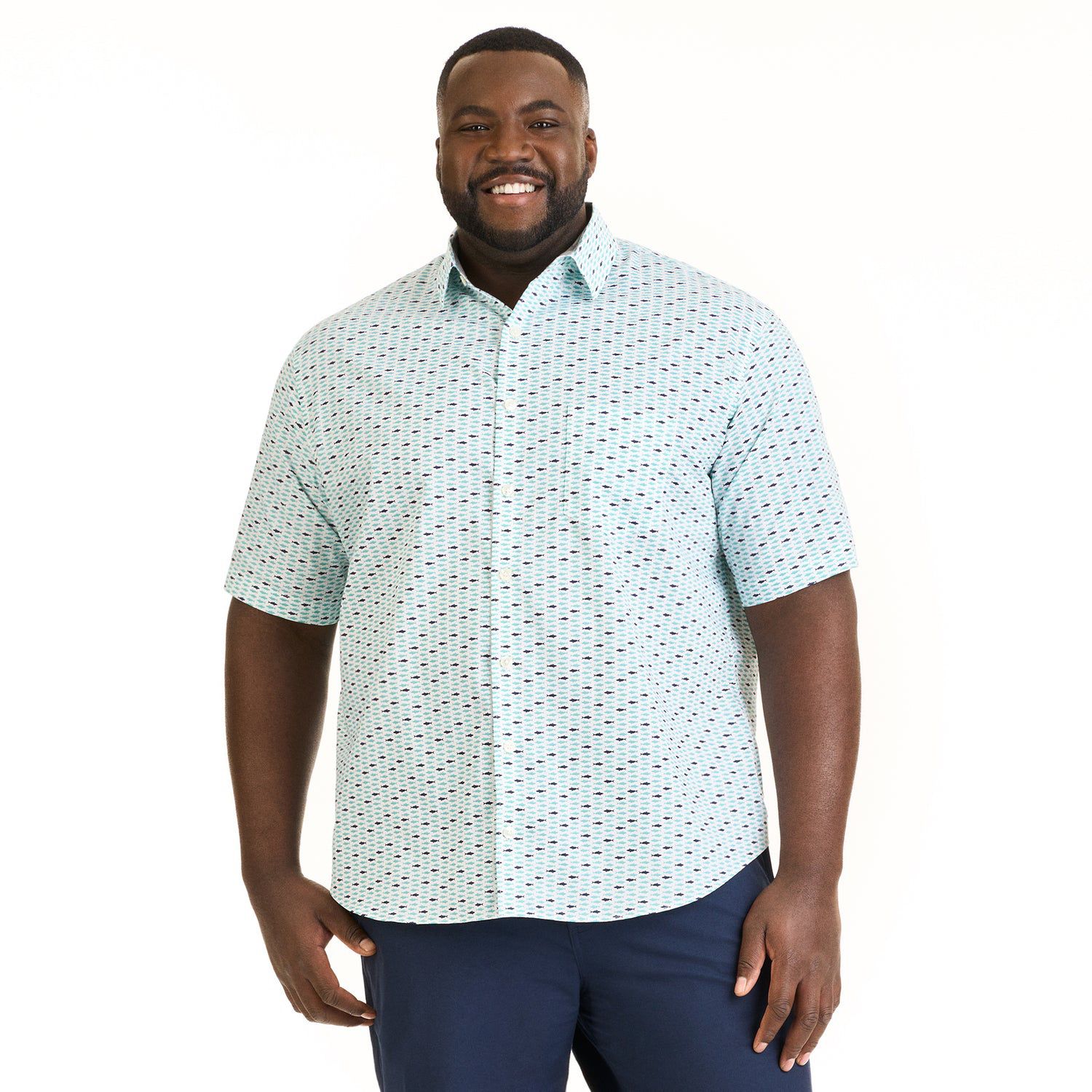 Van Heusen Shark Ocean Print Short Sleeve Button Up Collared Shirt XL Slim Fit