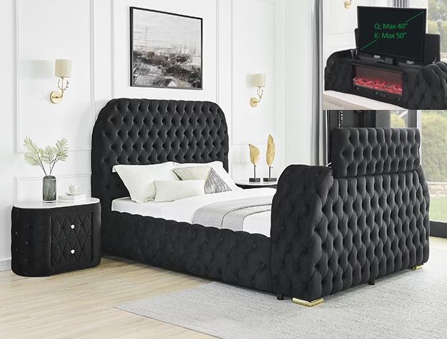 New Velvet Tufted Bed With Fireplace Display / TV Stand. Free Delivery!
