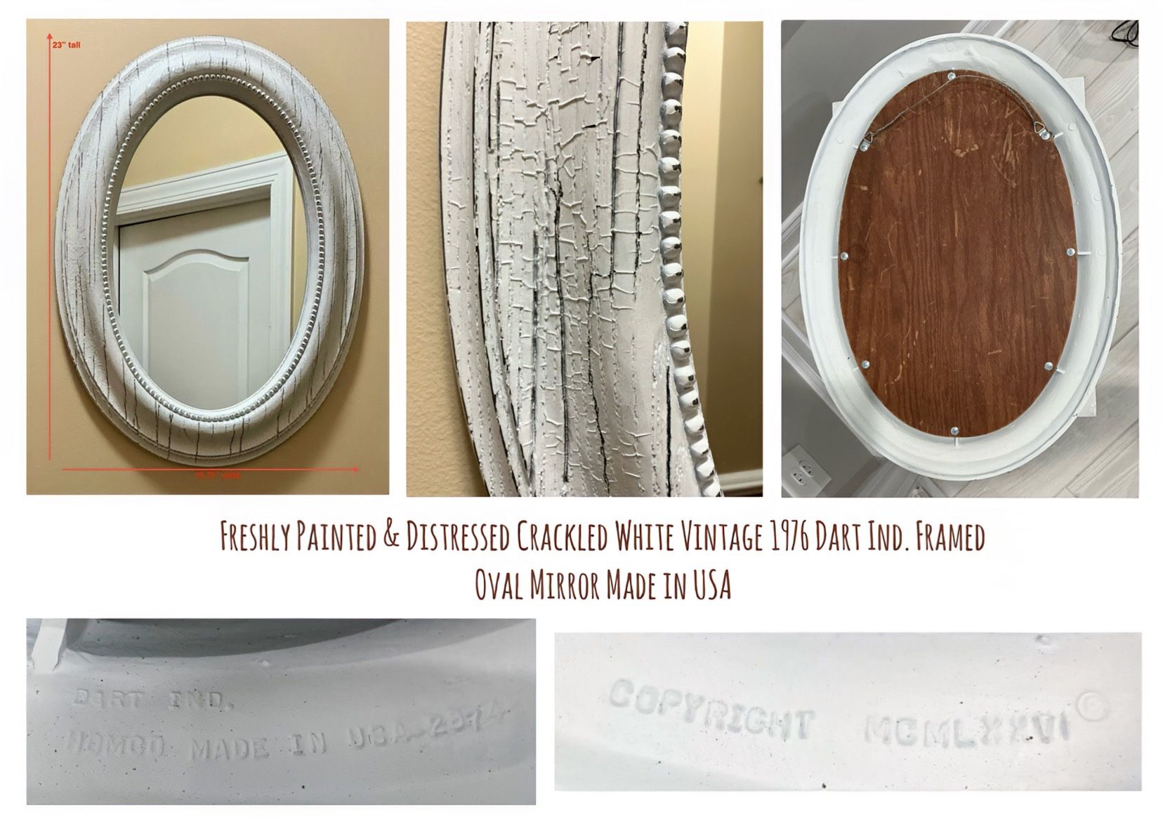 Freshly Painted & Distressed Crackled White Vintage 1976 Dart Ind. Framed Oval Mirror Made in USA