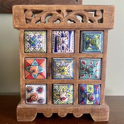 Carved Wooden Organizer Painted Ceramic Mini Drawers Made in India