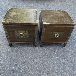 Pair Of Vintage Wood Asian 1 Drawer Tables with Brass Inlayed Medallions 18x18x18”