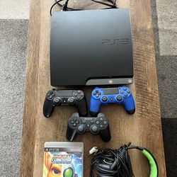 PS3 Slim Bundle – Works Great – Includes Controllers, Headset, & Game