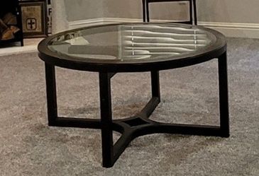 Glass & Wood Coffee Table with Rolling Stools