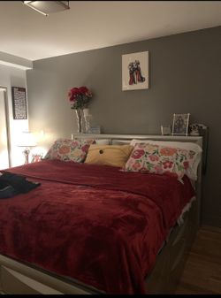 King Storage Bed – Bookcase Headboard (drawers need repair)