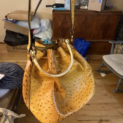 Yellow Leather ostrich Pattern Bag & Wallet 