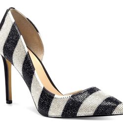 INC Sparkling Black & White Diamond-Rhinestone Striped Heels (EUC)