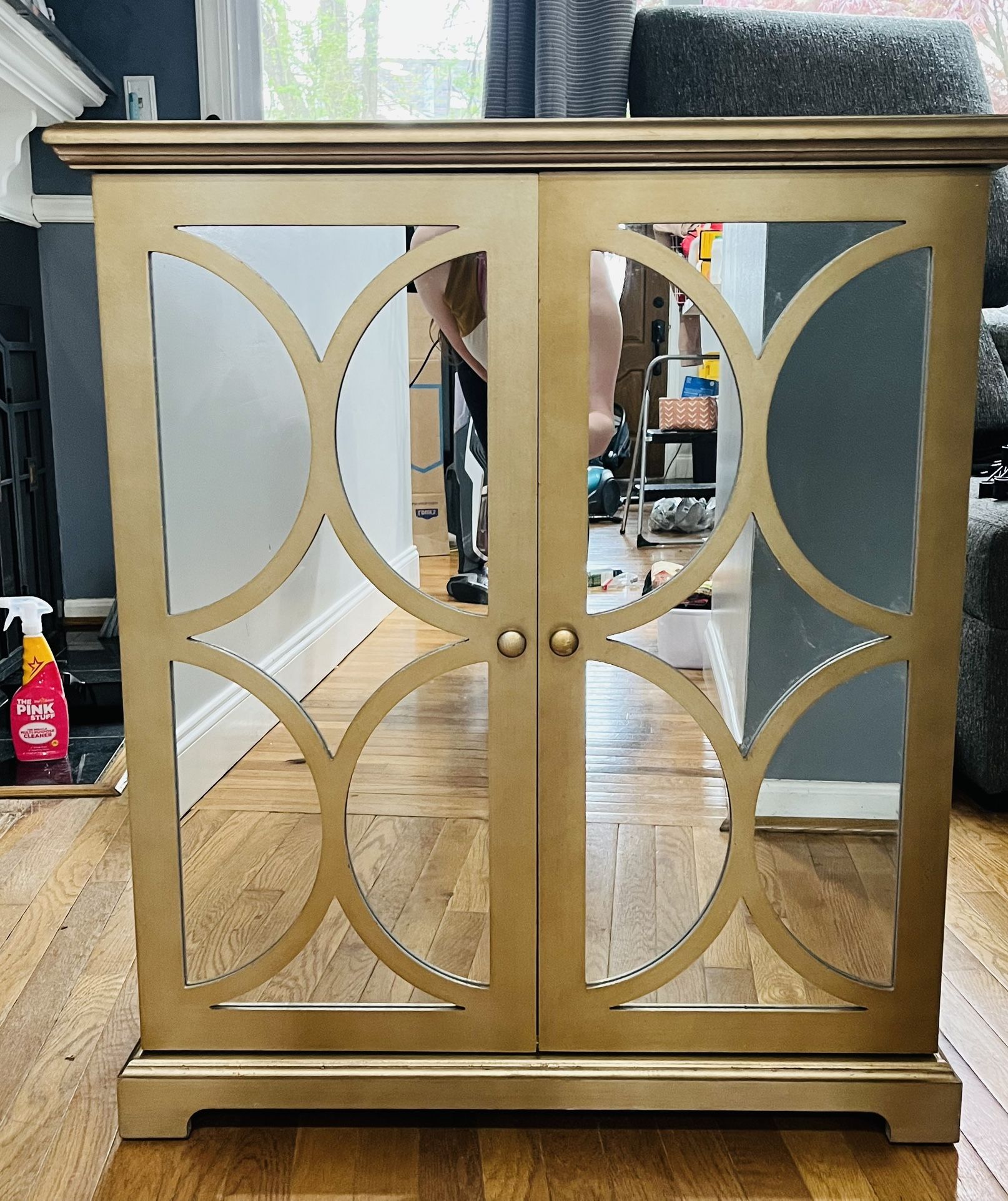 Gold Overlay Mirrored Accent Cabinet