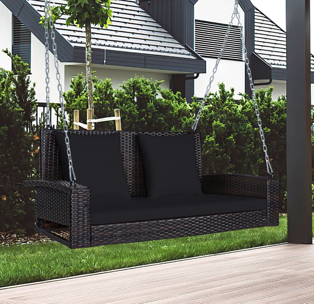 2-Seat Patio Rattan Porch Swing with Two Solid Steel Chains