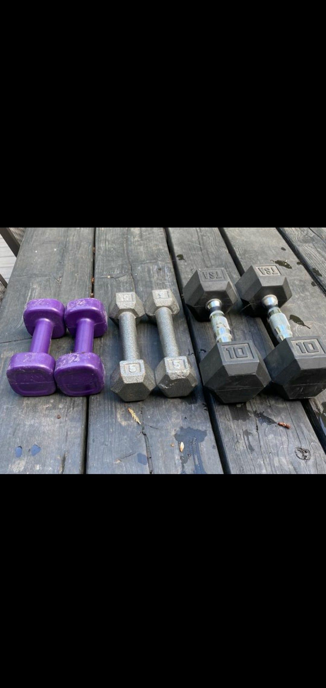 2 ,5and 10lbs dumbells .total weight 34 lbs