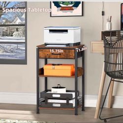 End Table with Rustic Brown Wood and Black Metal Frame; Removable Fabric Drawer; Sturdy Metal Legs