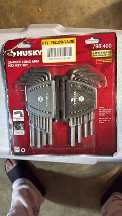 Husky 26-piece long arm hex key set with both SAE and metric sizes.