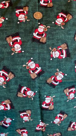 Vintage Christmas Fabric Dark Green with Santa Reindeer Cotton Fabric 36”x44” New