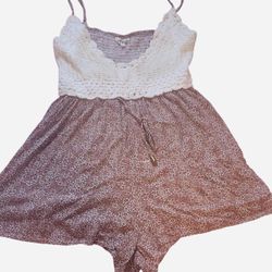 white + brown floral romper with white crochet top Size L