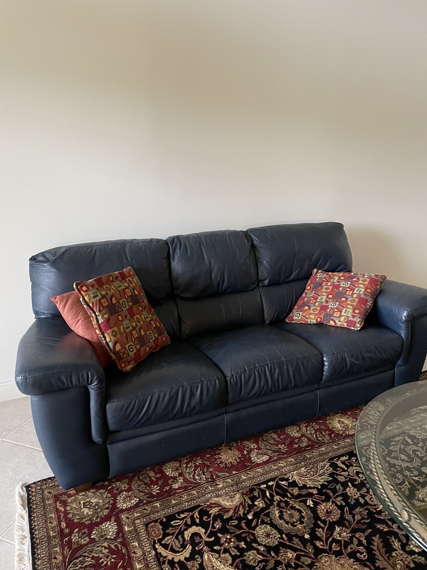 Blue Leather Couch, Love Seat, Ottoman 