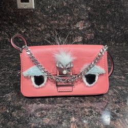 Fendi Monster Shoulder Bag Fur Trim Crystal Chain Face Design Detachable Strap
