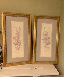 Pair Of 12in. W X 22.5in. L Mary Vincent Bertrand Signed Floral Water Color Prints Matted And Framed. 