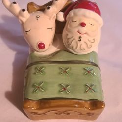 Santa & Reindeer Heads In Bed Salt & Pepper Shaker Set