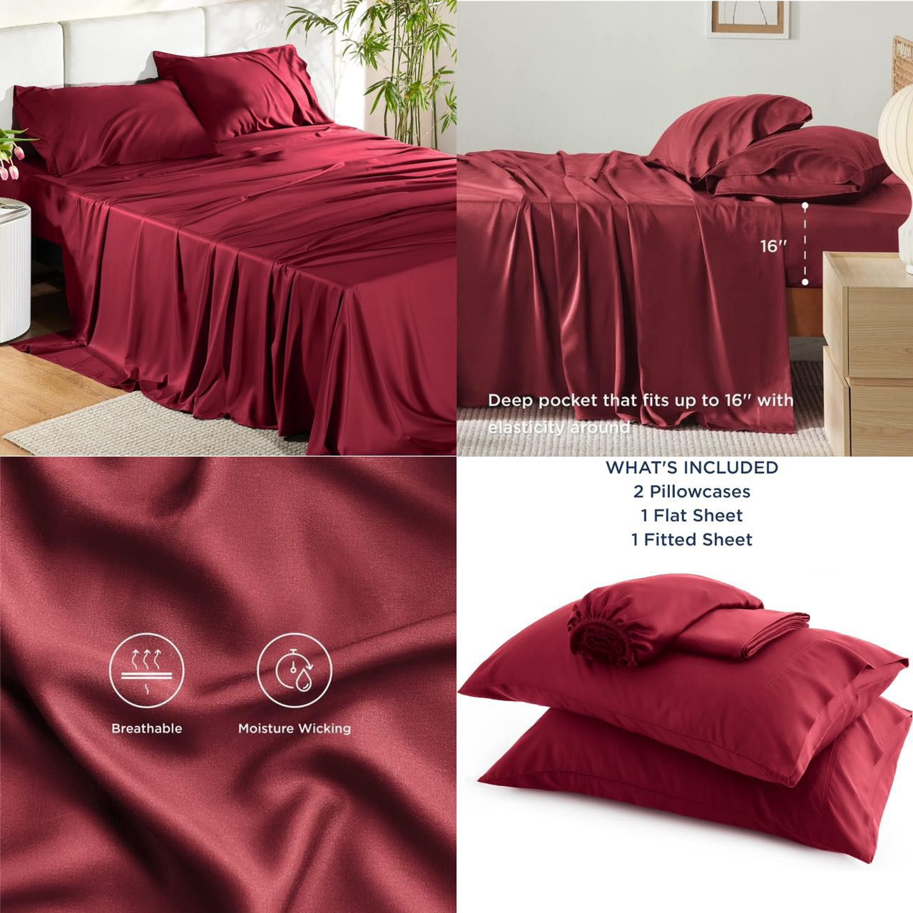 King Size Sheet Set, Cooling Sheets King, Rayon Derived from Bamboo, Deep Pocket Up to 16", Breathable & Soft Bed Sheets, Hotel Luxury Silky Bedding S