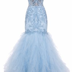 Womens Strapless Light Blue Beaded Mermaid Prom Dress Tulle Formal Gown