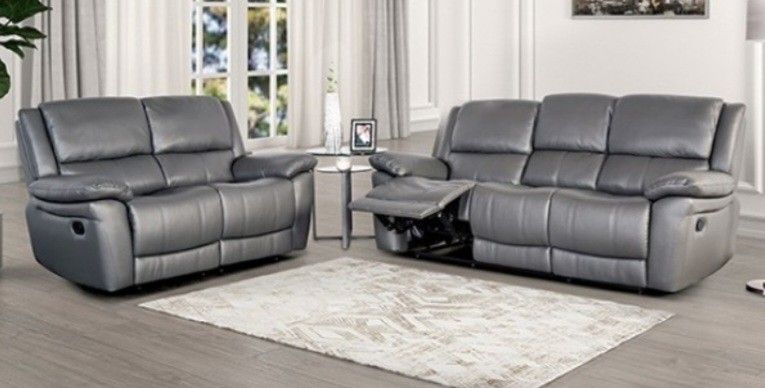 Brand New Grey Leather Reclining Sofa & Loveseat 