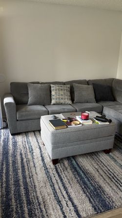 Large Gray Sectional Sofa + Ottoman + Area Rug – Great Condition