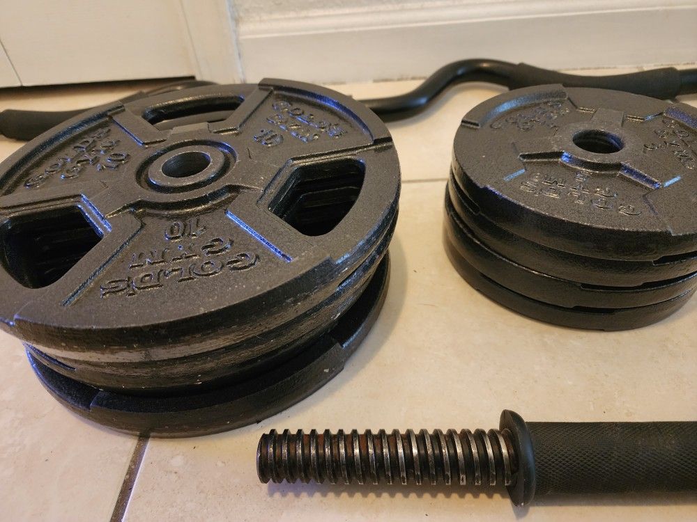60Ibs Of Golds Gym Plates, Easy Curl Bar & 2 Dumbell Bars for Sale in