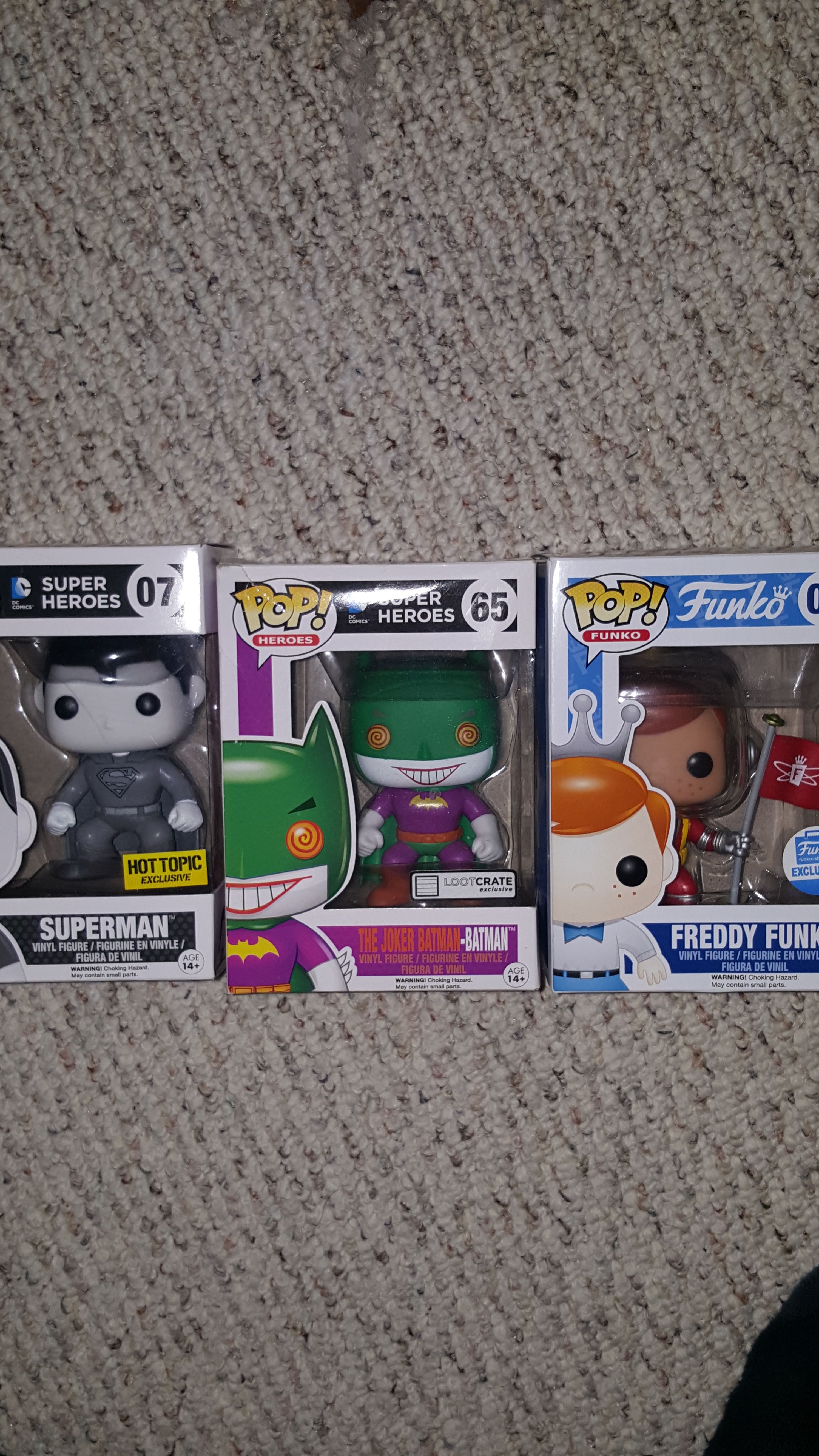 Funko pops - Freddy funko astronaut, Superman black n white, JOKER-BATMAN LOOTCRATE