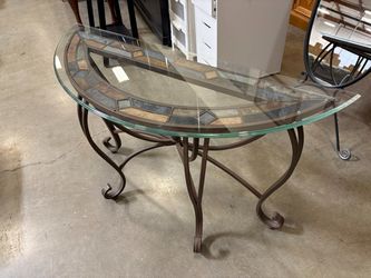 Grey and Brown Tile Mosaic Demilune Console Table with Glass Top and Metal Base