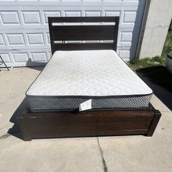 Queen bed frame with mattress and boxspring