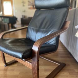 IKEA Pöang leather armchair with ottoman, dark brown frame, used