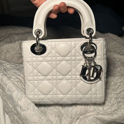 Christian Dior, White Lady Dior Lamb Skin Cannage With Silver Hardware. 