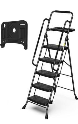 HBTower Step Ladder with Handrails, Folding Step Stool with Tool Tray Anti-Slip Wide Pedal for Home Kitchen Pantry Office, Black