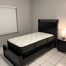 Twin Mattress, Box Spring, And Black Bed Frame