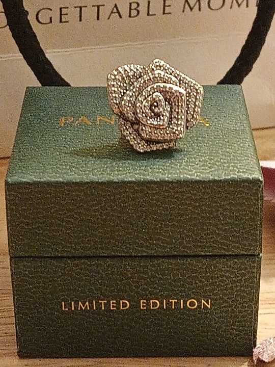 Pandora Authentic Brand New Sterling Silver Beautiful Sparkling Oversized Rose In Bloom Charm With Pouch Or T