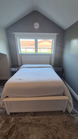 White wood Pottery Barn Double bed frame, mattress and box spring included