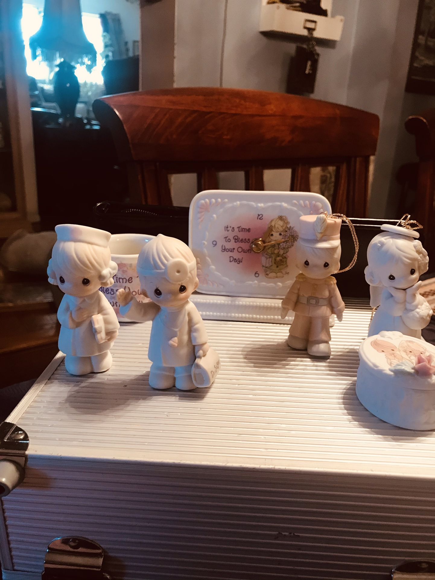 Vintage Precious Moments Figurines, Cup, Trinket Box and Working Desk Clock  (price Is For all)