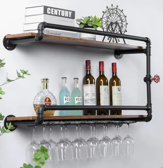 Industrial Pipe Shelves Wine Rack Wall Mounted 2Tier,Hanging Floating Mini Bar Shelves with Glass