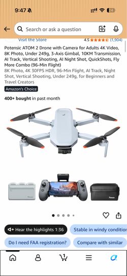 Potensic ATOM 2 Drone with Camera for Adults 4K Video, 8K Photo, Under 249g, 3-Axis Gimbal, 10KM Transmission, AI Track, Vertical Shooting, AI Night S