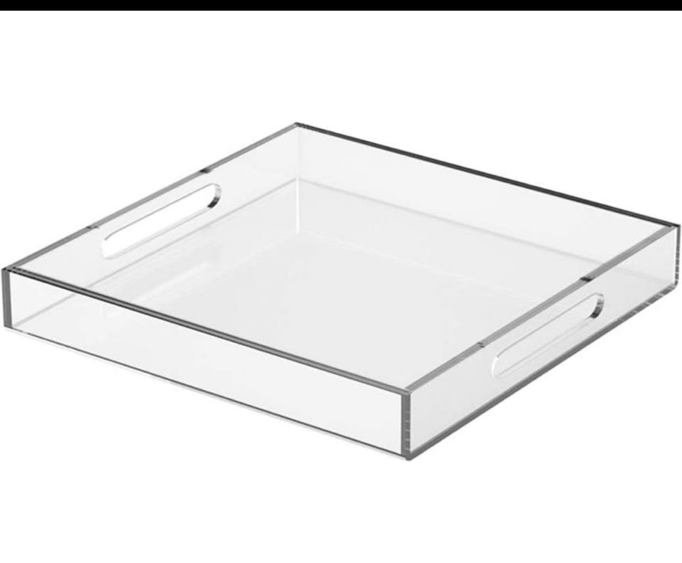 NIUBEE Acrylic Serving Tray 15x15 Inches -Spill Proof-Clear Decorative Tray Organiser for Ottoman Coffee Table Countertop with Handles