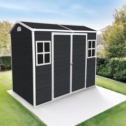 8x4ft Outdoor Resin Garden Shed with Floor and 2 Windows, Plastic Patio Outdoor Storage Shed with Lockable Door for Garden Tools, Bicycles, Trash Cans
