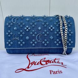 CHRISTIAN LOUBOUTIN PALOMA LOUBINTHESKY BLUE DENIM CROSSBODY WALLET ON CHAIN NEW