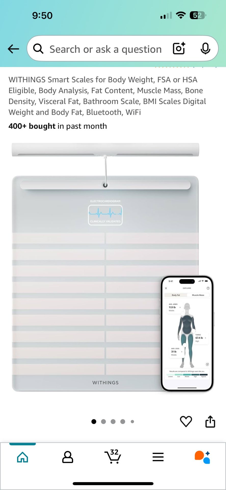WITHINGS Smart Scales for Body Weight, FSA or HSA Eligible, Body Analysis, Fat Content, Muscle Mass, Bone Density, Visceral Fat, Bathroom Scale, BMI S
