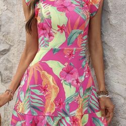 Summer Vacation Outfits Casual Women Tropical Plant Print Knit Elastane Ruffle Hem Elegant Everyday Resort Mini Dress